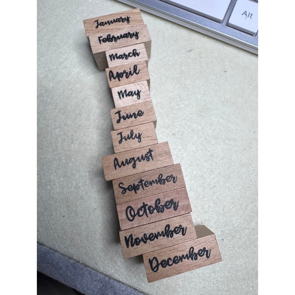 12pc Wood Rubber Stamp Set Months Year Cursive Script Journal Plan Paper Craft